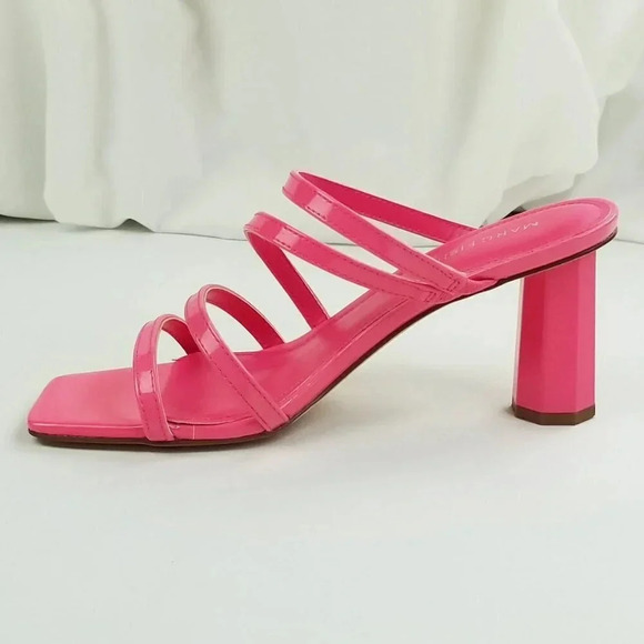 Marc Fisher Square Toe Slip On Pink Patent Leather Octagon Heel Strappy Pumps - Picture 2 of 12